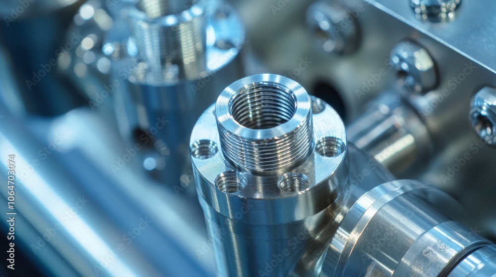 Poster a close-up view of metallic components with threaded fittings, showcasing precision engineering and 