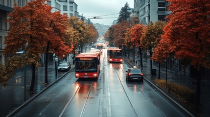 Obraz premium A rainy urban street lined with autumn trees and buses.