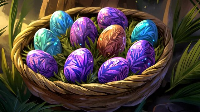 A basket of colorful eggs with intricate patterns rests amongst lush green foliage