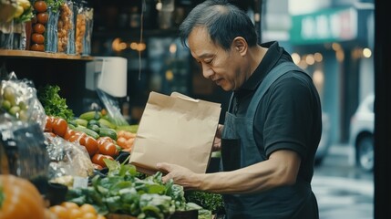 Fototapeta premium A middle-aged Asian man arranges a food mockup surrounded by fresh fruits and vegetables