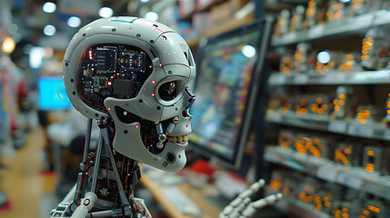 robotic arm connected to a complex circuit board talking to a computer monitor displaying a humanoid face