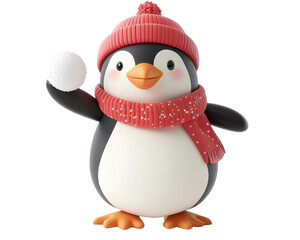 Fototapeta premium Playful Penguin with a Snowball, vibrant cartoon illustration, whimsical character design, cheerful winter scene, engaging and fun atmosphere