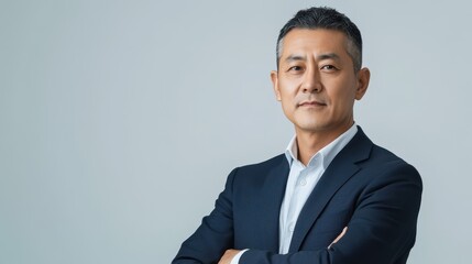 Naklejka premium Confident Asian man in his 50s wearing a business suit with arms crossed, expressing determination and professionalism in a neutral background.