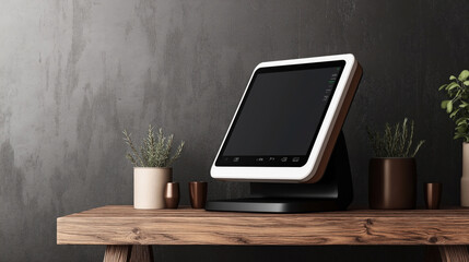 Modern point of sale terminal on wooden table with potted plants against textured gray wall, minimalistic setting