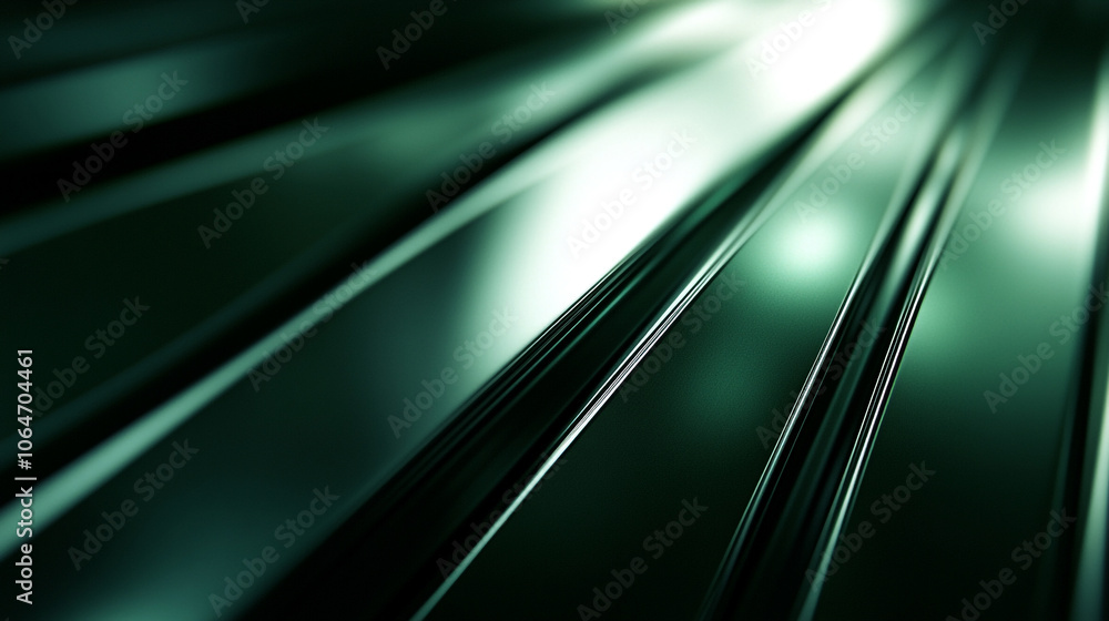 Poster close-up view of sleek metallic lines reflecting green light in a dynamic abstract design