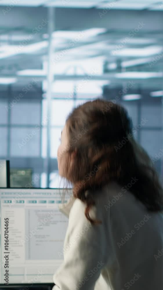 Poster manager supervising multiethnic team working in data center, making announcement. team leader discus