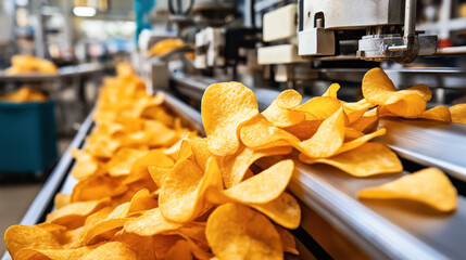 Close-up of potato chips on a conveyor belt in a snack food production factory, highlighting industrial automated equipment and manufacturing process.