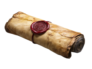 Ancient scroll with wax seal, elegantly rolled, showcasing historical significance and timeless craftsmanship, perfect for collectors and enthusiasts.