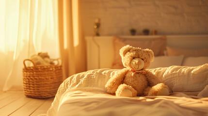 A cozy bedroom interior featuring a teddy bear sitting on a soft bed with morning light filtering through sheer curtains for lifestyle.