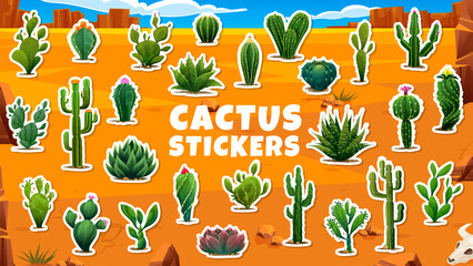 Mexican desert cactus succulent stickers or prickly saguaro plants, vector icons. Peyote and opuntia cactus, Texas desert canyon succulents with pricks and flowers for cartoon Mexican stickers