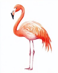 Fototapeta premium Cute watercolor flamingo illustration for nursery decor featuring a happy cartoon style flamingo in vibrant pink and orange tones