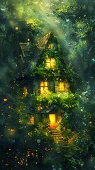 Obraz premium A whimsical, illuminated house surrounded by lush greenery in a magical forest setting.