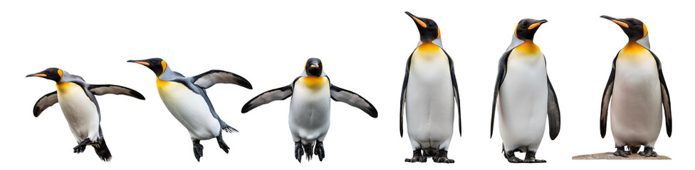 Obraz premium Six penguins in various poses, showcasing their unique behaviors against a white isolate background.