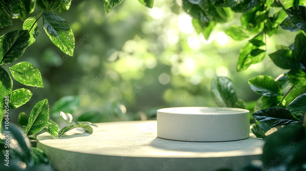 Poster a serene garden setting with greenery surrounding a white circular platform in soft light