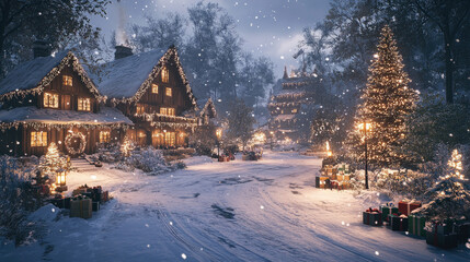 Fototapeta premium At night, the house and Christmas tree are adorned with lights