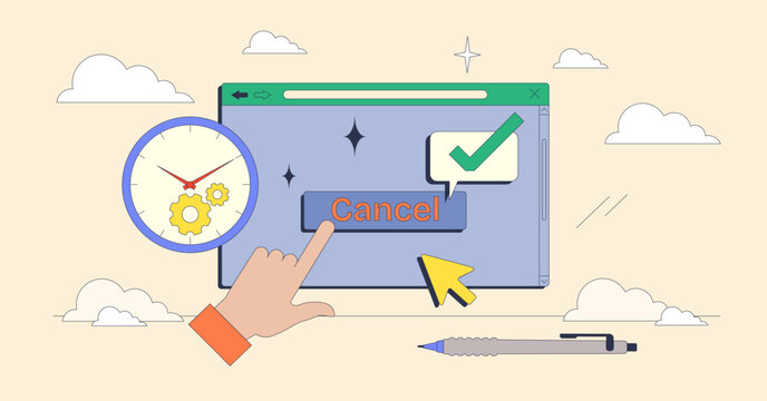 Click-to-cancel concept with a hand, cancel button, and clock symbolizing urgency and decision-making. Neubrutalism style.