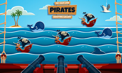 Hunting pirates and shark, carnival shoot game shooting range in amusement park, funfair or video arcade. Shooting game gallery of carnival booth vector background with cartoon pirate ships and whales