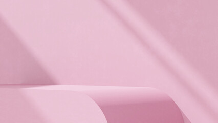 Background featuring an empty product display mockup with a pink backdrop and abstract geometric platforms designed for showcasing merchandise in landscape orientation.