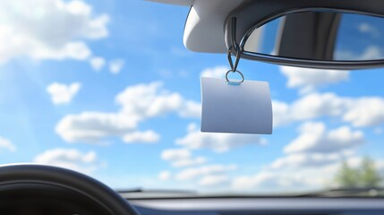 A car air freshener hangs from the dashboard with a clear view of clouds and blue sky outside