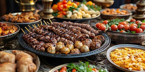 Obraz premium Grilled Meat Skewers with Roasted Vegetables and Rice - Photo