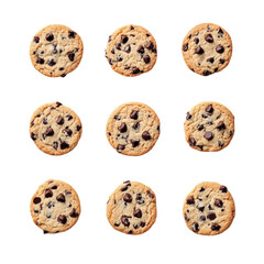 Delicious chocolate chip cookies arranged on a clean white surface, showcasing their tempting texture and rich color.