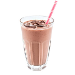 Chocolate milkshake served in a tall glass, creamy texture, topped with whipped cream, isolated on a clean white background.