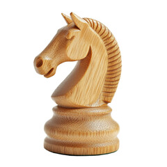 Classic wooden chess knight piece, intricately carved, elegantly isolated on a white background, showcasing fine craftsmanship and timeless design. © Goodthings