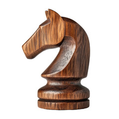 Classic wooden chess knight piece, intricately carved, showcasing detailed craftsmanship, isolated against a clean white background, elegant design.