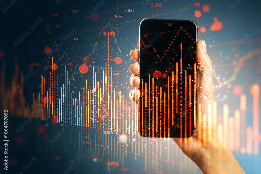 Poster close up of female hand using cellphone with falling red candlestick forex chart on blurry backgroun