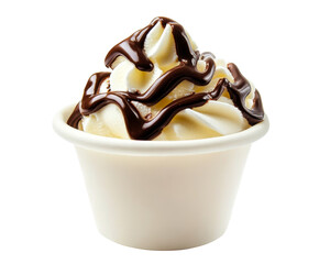 Delicious ice cream cup topped with rich chocolate, elegantly presented against a clean background,...