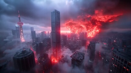 Fototapeta premium Dramatic urban landscape erupts in fiery chaos as nature unleashes its fury on city skyline