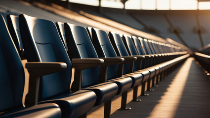 Obraz premium Empty black plastic chairs are lined up in stadium, capturing serene atmosphere of sports venue during sunset. warm light enhances scenes tranquility