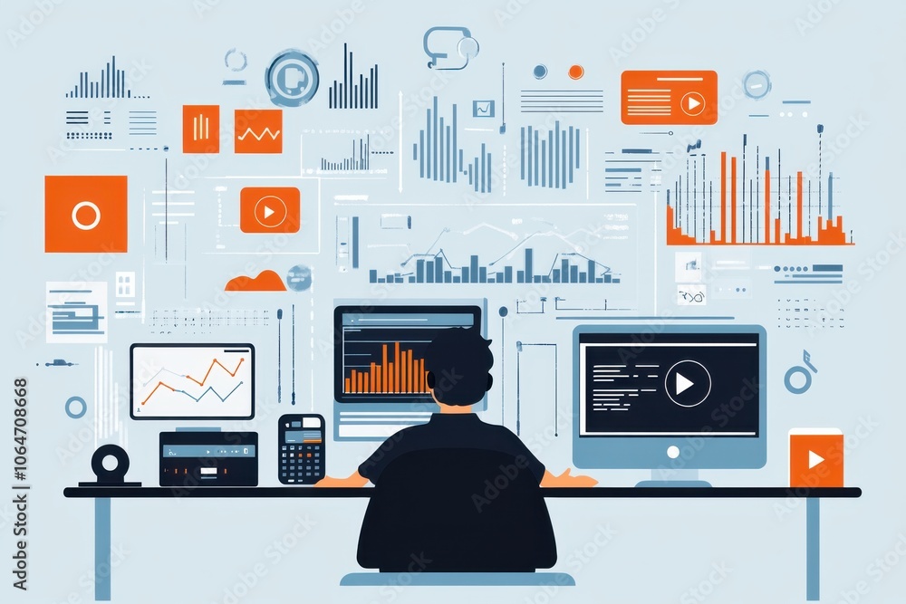 Poster man analyzing data on multiple computer screens in modern workspace