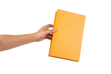 Blank book cover in hand on transparent background.
