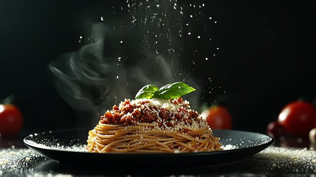 Steaming spaghetti bolognese being sprinkled with parmesan cheese