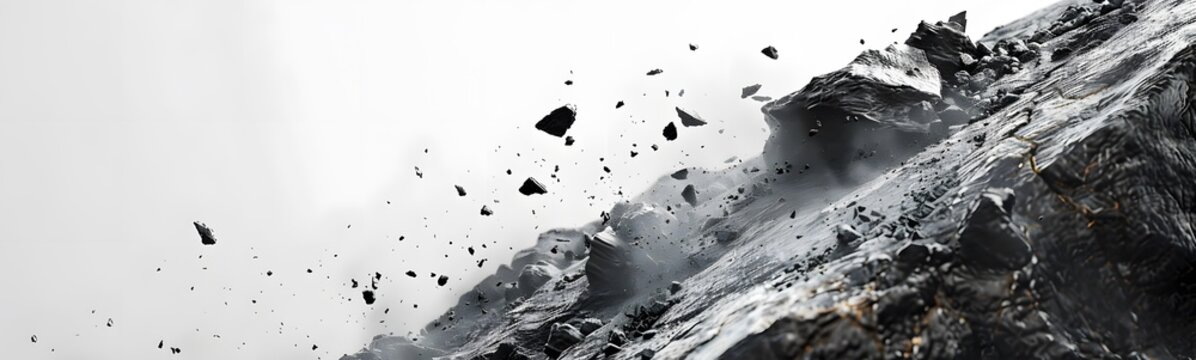 Rock stone white background fall black falling space isolated splash dust mountain cliff flying. Earth stone boulder texture rock abstract broken powder white dirt blast float burst fantasy surface. 