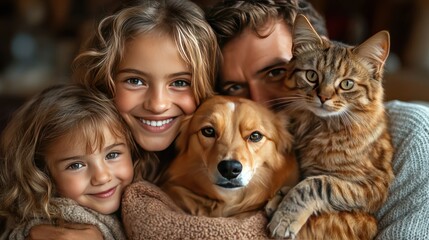 A creative family photo where the kids are holding the dog, and the cat is sitting on the shoulders of one of the parents.