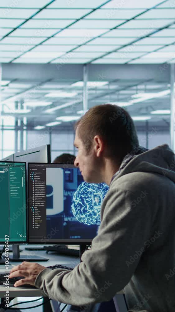Poster computer scientist in server room making software producing ai generated videos. it specialist build
