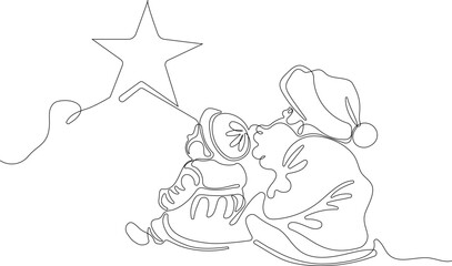 Outlined Cute Santa Claus Cartoon Character With A Sack Full Of Gifts. Vector Hand Drawn Illustration. One continuous line drawing Santa Claus on reindeer and sled. concept for Christmas and New Year