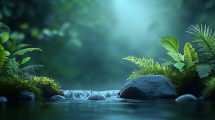 Discover the tranquil beauty of a serene stream surrounded by lush greenery in nature