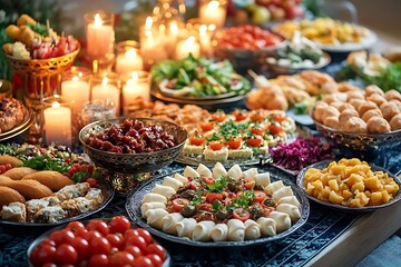 Delicious Food Buffet with Candles - Realistic Image