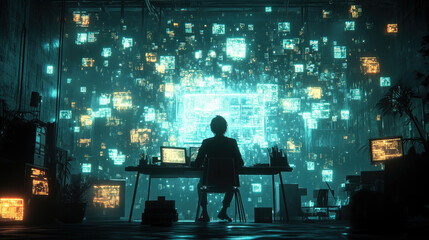 Silhouettes of tech savvy individuals, desks, and computers