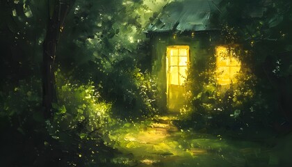 Fototapeta premium A glowing cottage in a lush forest, inviting warmth amidst nature's tranquility.