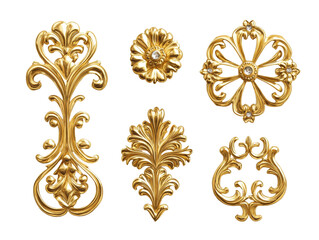 Gold ornaments displayed on a pristine white background, showcasing intricate designs and luxurious craftsmanship, perfect for elegant decor.