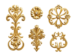 Gold ornaments displayed on a pristine white background, showcasing intricate designs and luxurious craftsmanship, perfect for elegant decor.