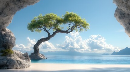 A serene coastal scene showcases a unique tree against a stunning ocean backdrop