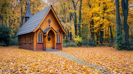 A charming wooden chapel with colorful autumn leaves scattered on the ground.