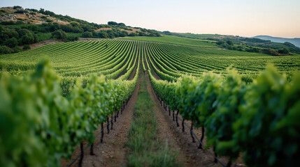 Expansive vineyard landscape with rows of lush green grapevines stretching into the distance, surrounded by rolling hills under a clear sky at dusk.