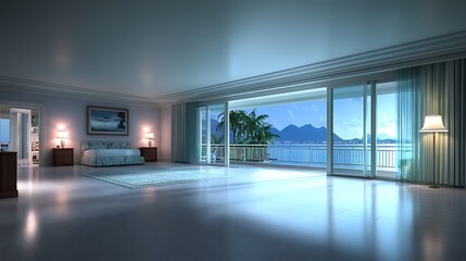Fototapeta premium Experience tranquility luxurious oceanview bedroom with serene ambiance and modern elegance