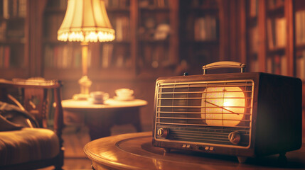 Vintage radio with glowing dial emitting static and crackling sounds on wooden table, surrounded by old-fashioned furniture, evoking a nostalgic atmosphere.